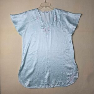 Henri Pierre Vintage Blue Satin Nightgown Embroidered Floral V-Neck Sleepwear L?